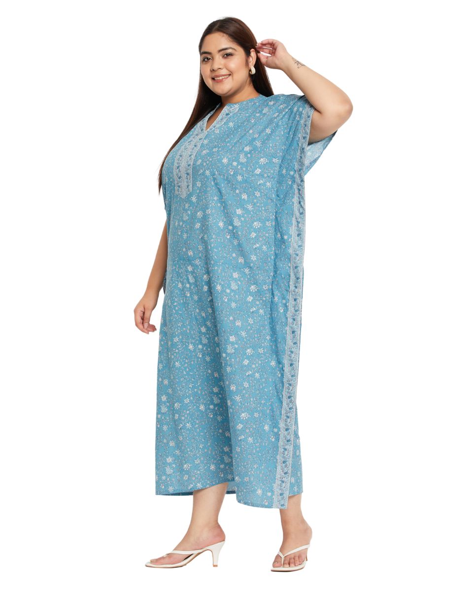 Baby Blue Cotton Floral Printed Bordered Kaftan For Plus Size Women