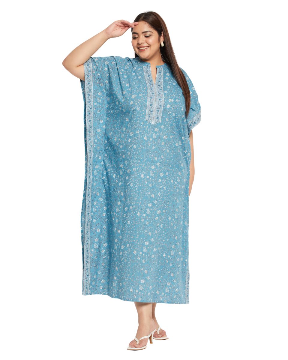 Baby Blue Cotton Floral Printed Bordered Kaftan For Plus Size Women