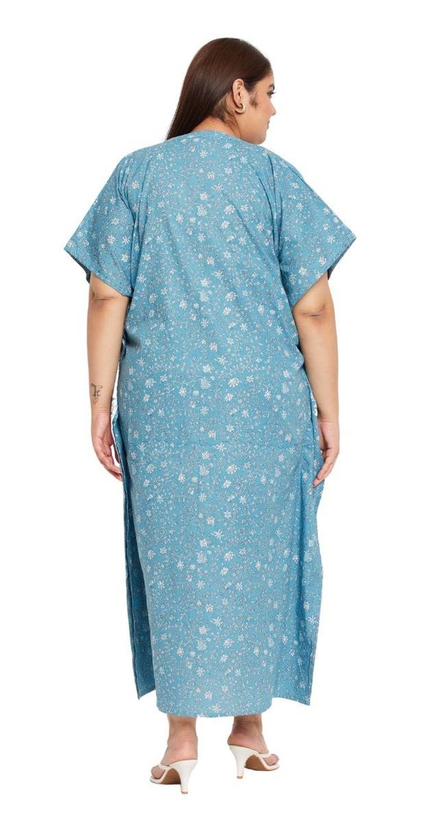 Light blue cotton plus size kaftan dress with ditsy floral print and embroidered V-neckline — alternate view