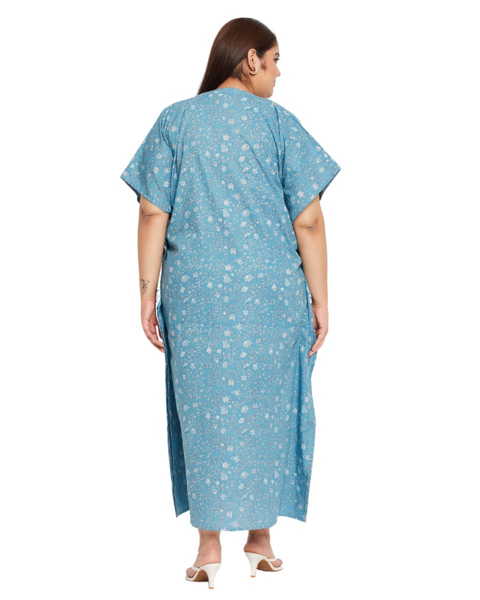 Baby Blue Cotton Floral Printed Bordered Kaftan For Plus Size Women