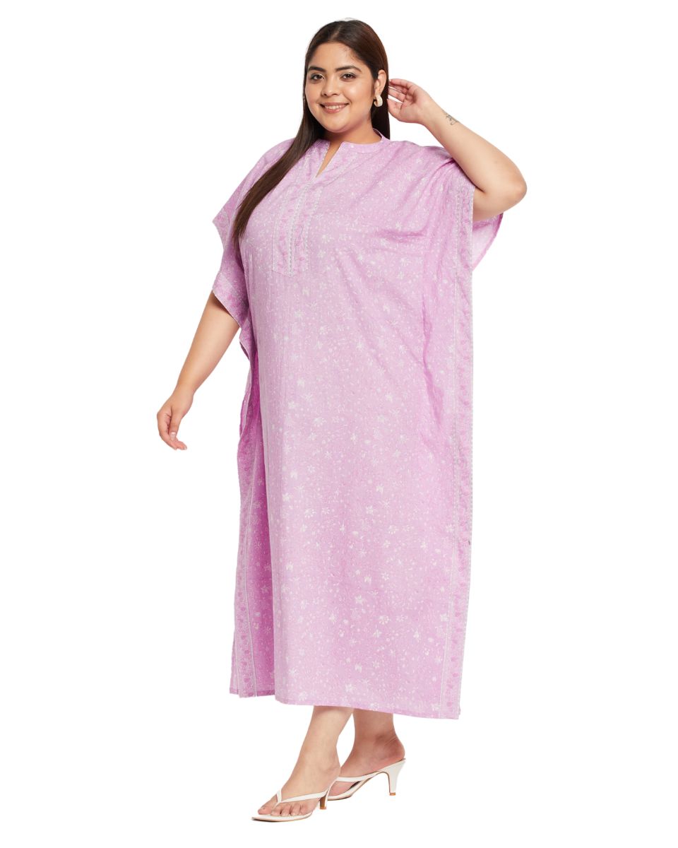 Floral Printed Pink Cotton Border Kaftan Plus Size Dress For Women