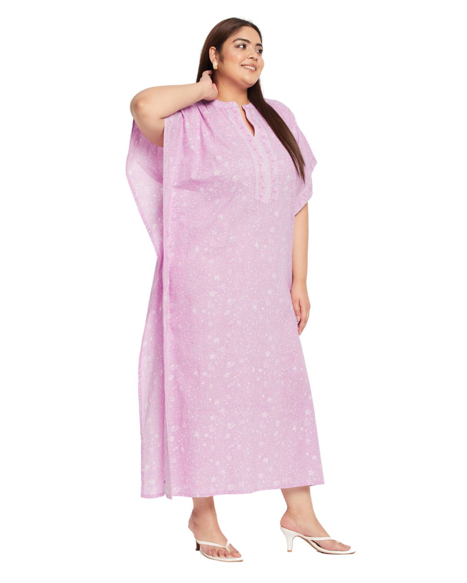 Floral Printed Pink Cotton Border Kaftan Plus Size Dress For Women