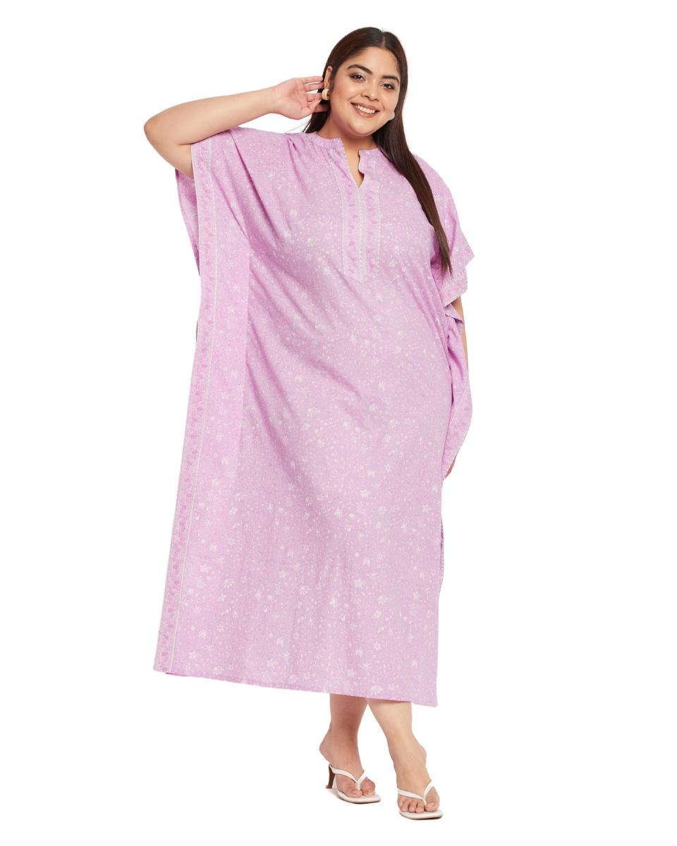 Floral Printed Pink Cotton Border Kaftan Plus Size Dress For Women