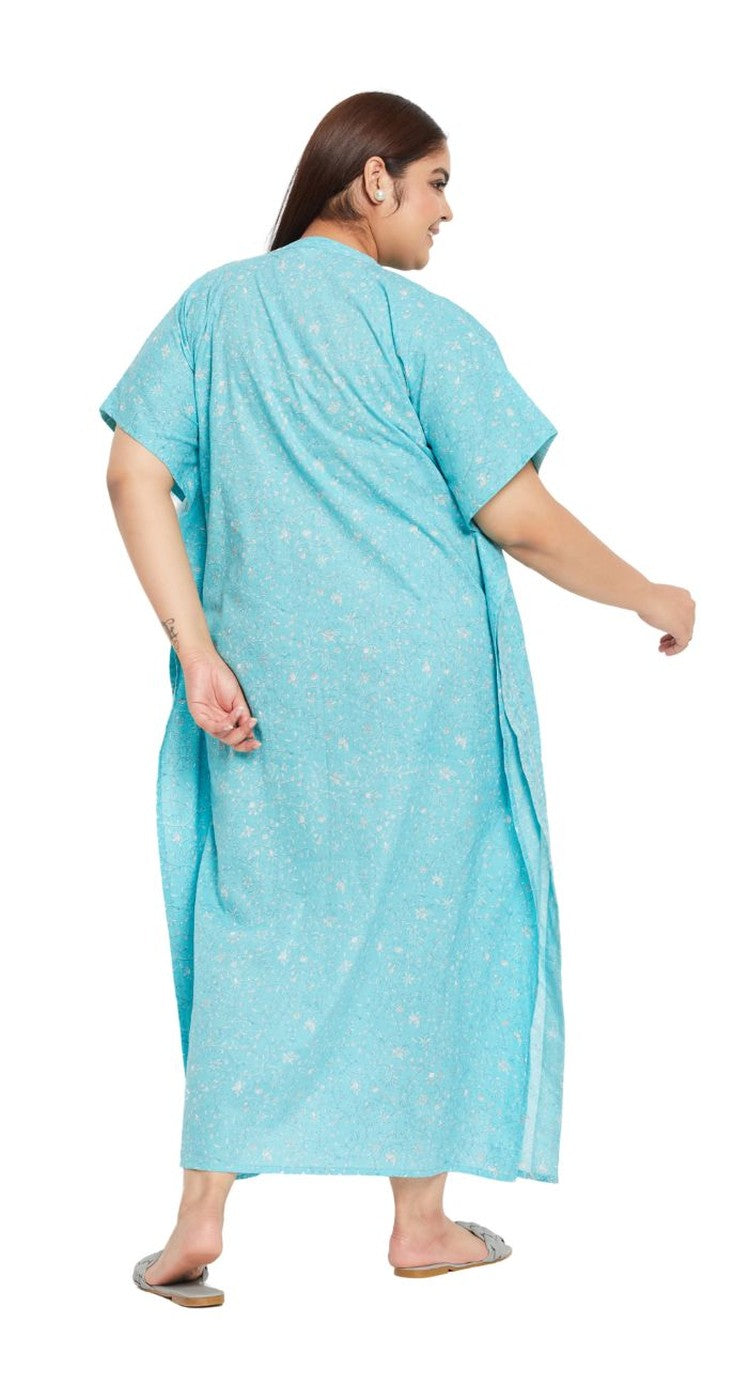Turquoise cotton plus size kaftan dress with white ditsy print and embroidered V-neck — alternate view