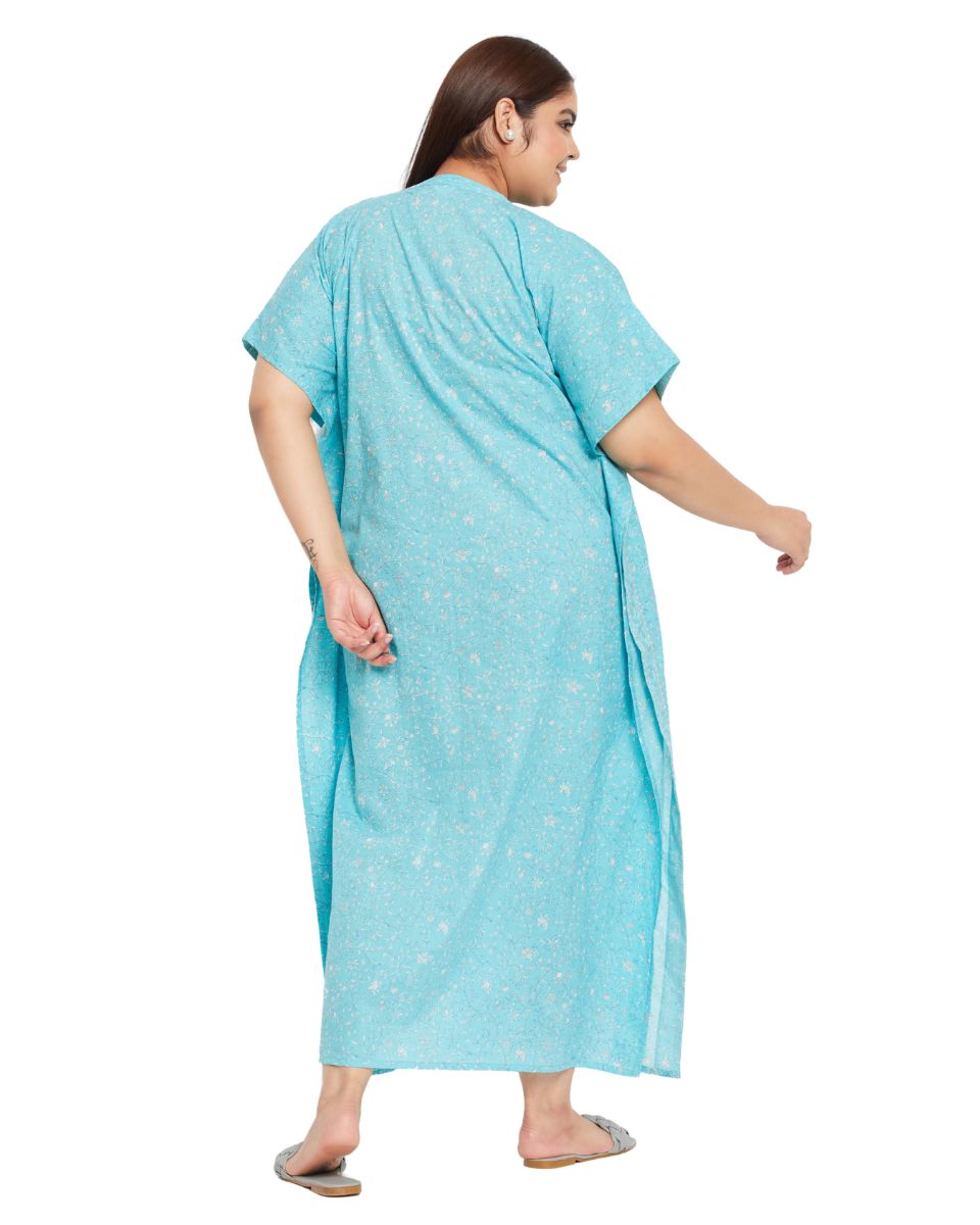 Floral Printed Turquoise Cotton Border Plus Size Kaftan For Women