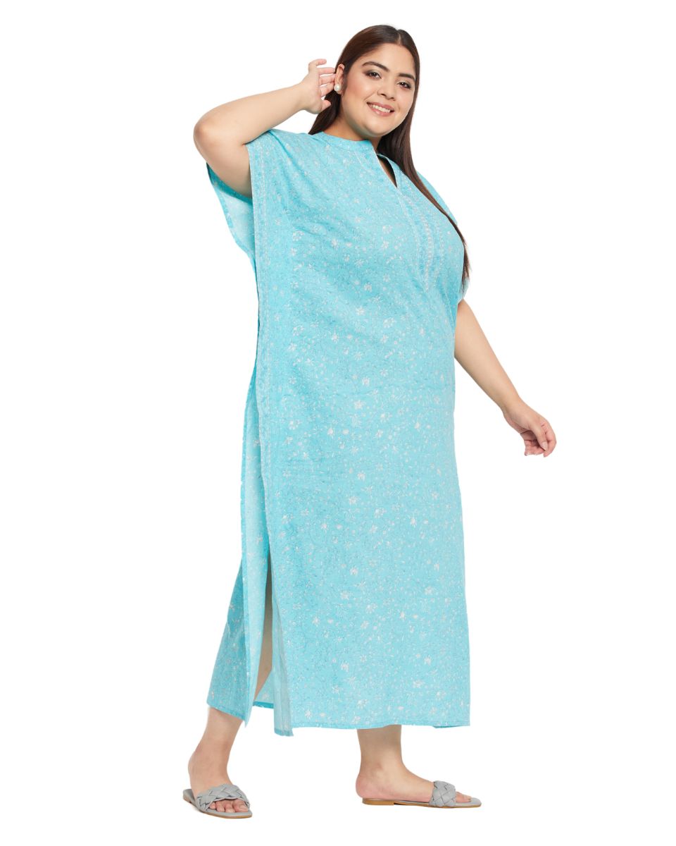 Floral Printed Turquoise Cotton Border Plus Size Kaftan For Women