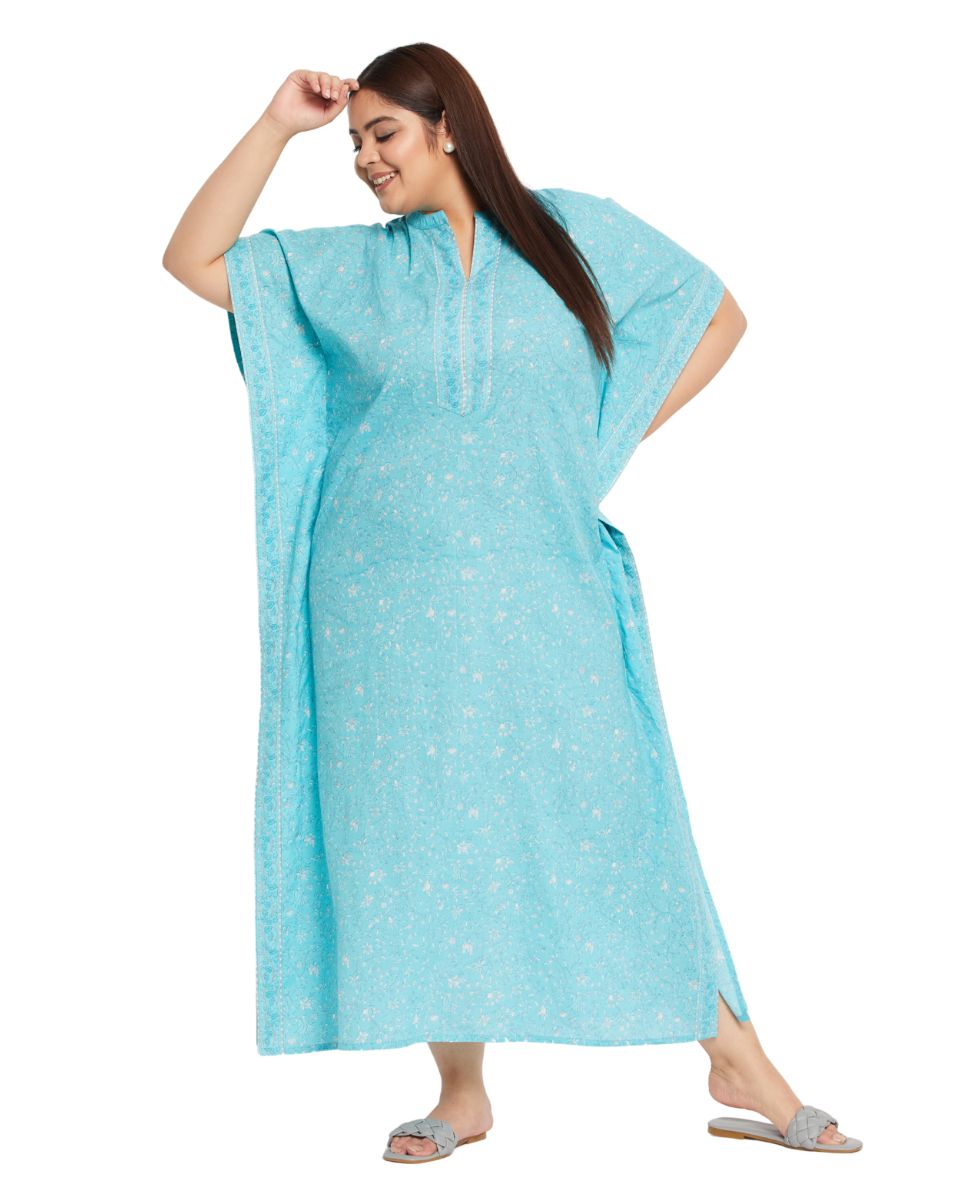 Floral Printed Turquoise Cotton Border Plus Size Kaftan For Women