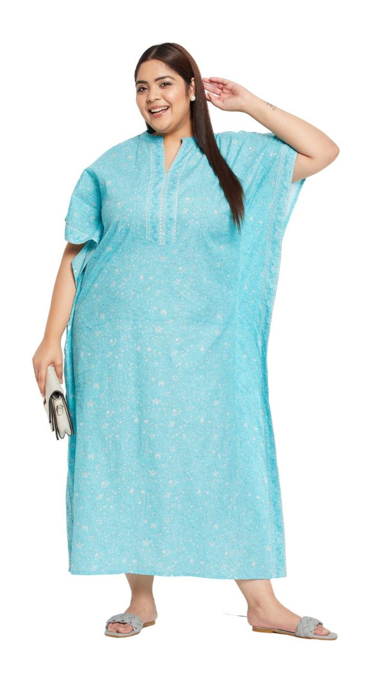 Turquoise cotton plus size kaftan dress with white ditsy print and embroidered V-neck