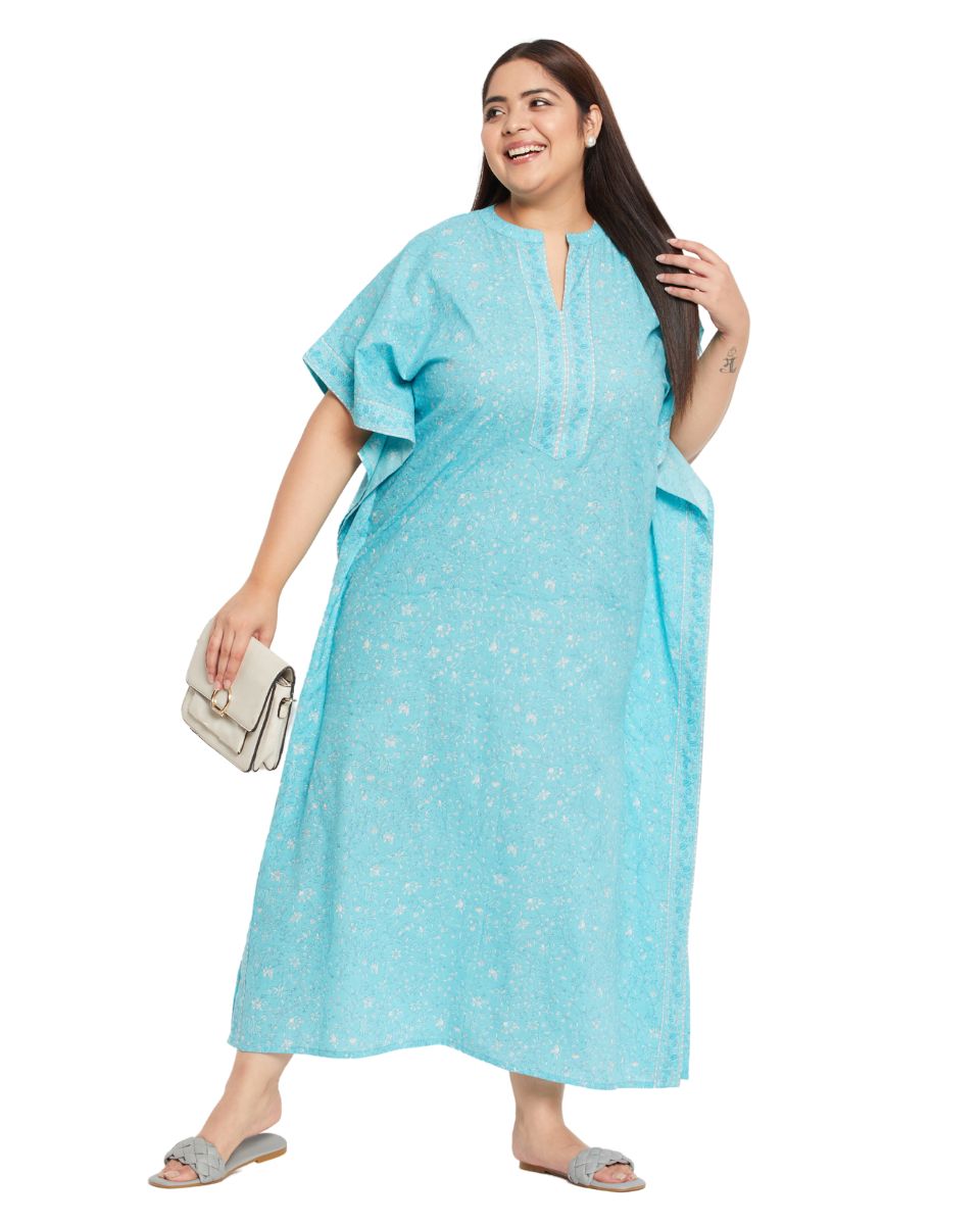 Floral Printed Turquoise Cotton Border Plus Size Kaftan For Women