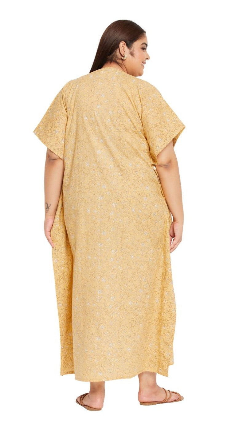 Gold yellow cotton plus size kaftan dress with tonal texture and embroidered V-neck placket — alternate view