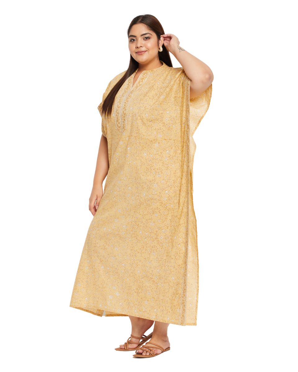 Floral Printed YELLOW Cotton Border Kaftan Plus Size Dress For Women