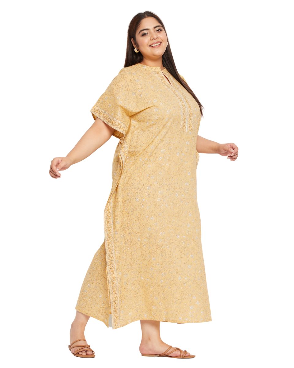 Floral Printed YELLOW Cotton Border Kaftan Plus Size Dress For Women