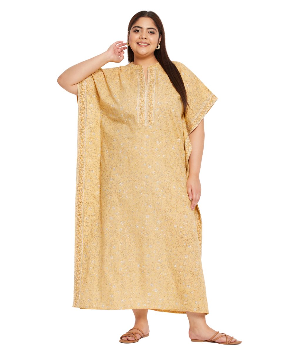 Floral Printed YELLOW Cotton Border Kaftan Plus Size Dress For Women