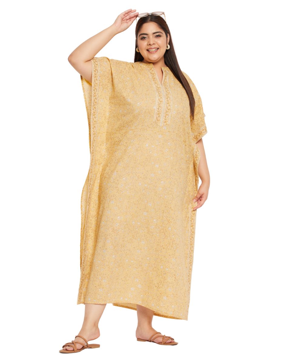 Floral Printed YELLOW Cotton Border Kaftan Plus Size Dress For Women