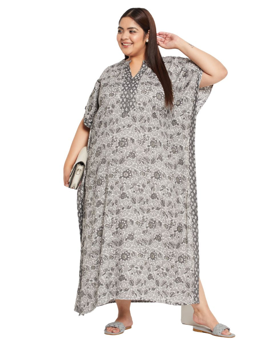 Floral Printed Gray Cotton Border Plus Size Kaftan Dress For Women