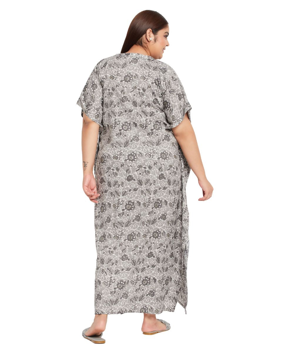 Floral Printed Gray Cotton Border Plus Size Kaftan Dress For Women