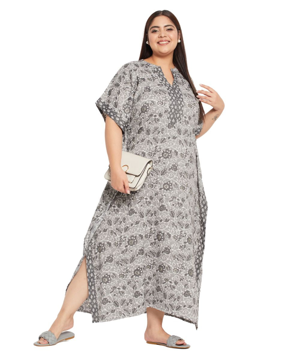 Floral Printed Gray Cotton Border Plus Size Kaftan Dress For Women