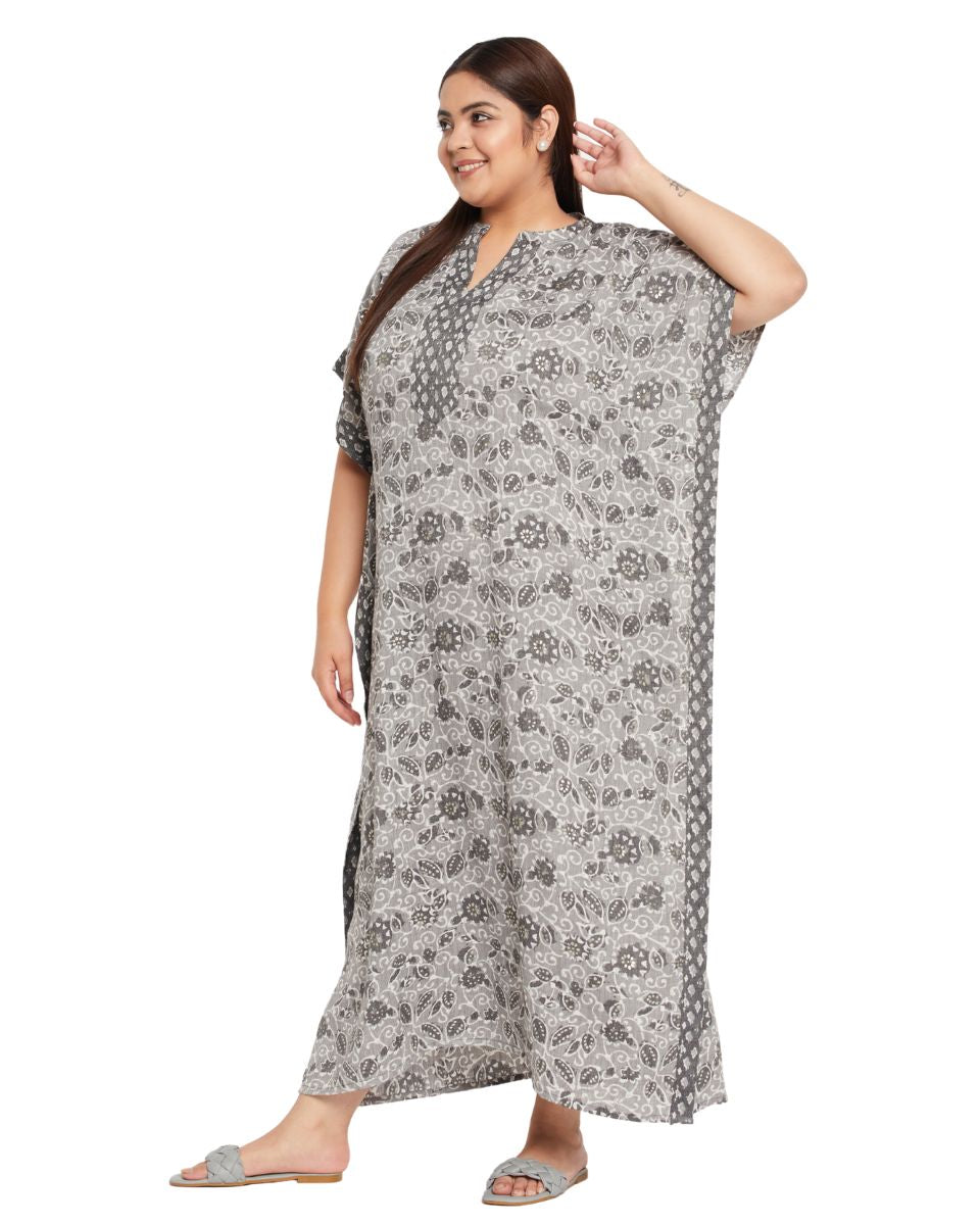 Floral Printed Gray Cotton Border Plus Size Kaftan Dress For Women