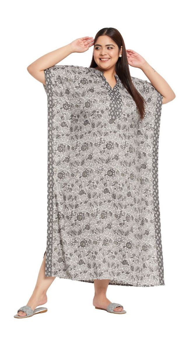 Grey cotton plus size kaftan dress with allover ditsy floral print and 3/4 kimono sleeves