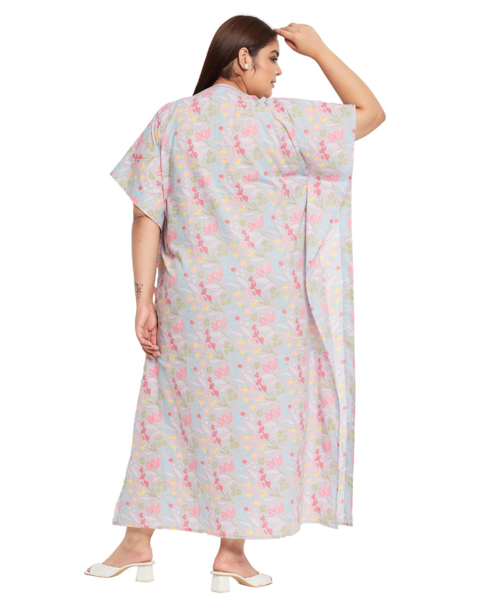 Floral And Leaf Printed Gray Cotton Border Plus Size Kaftan For Women