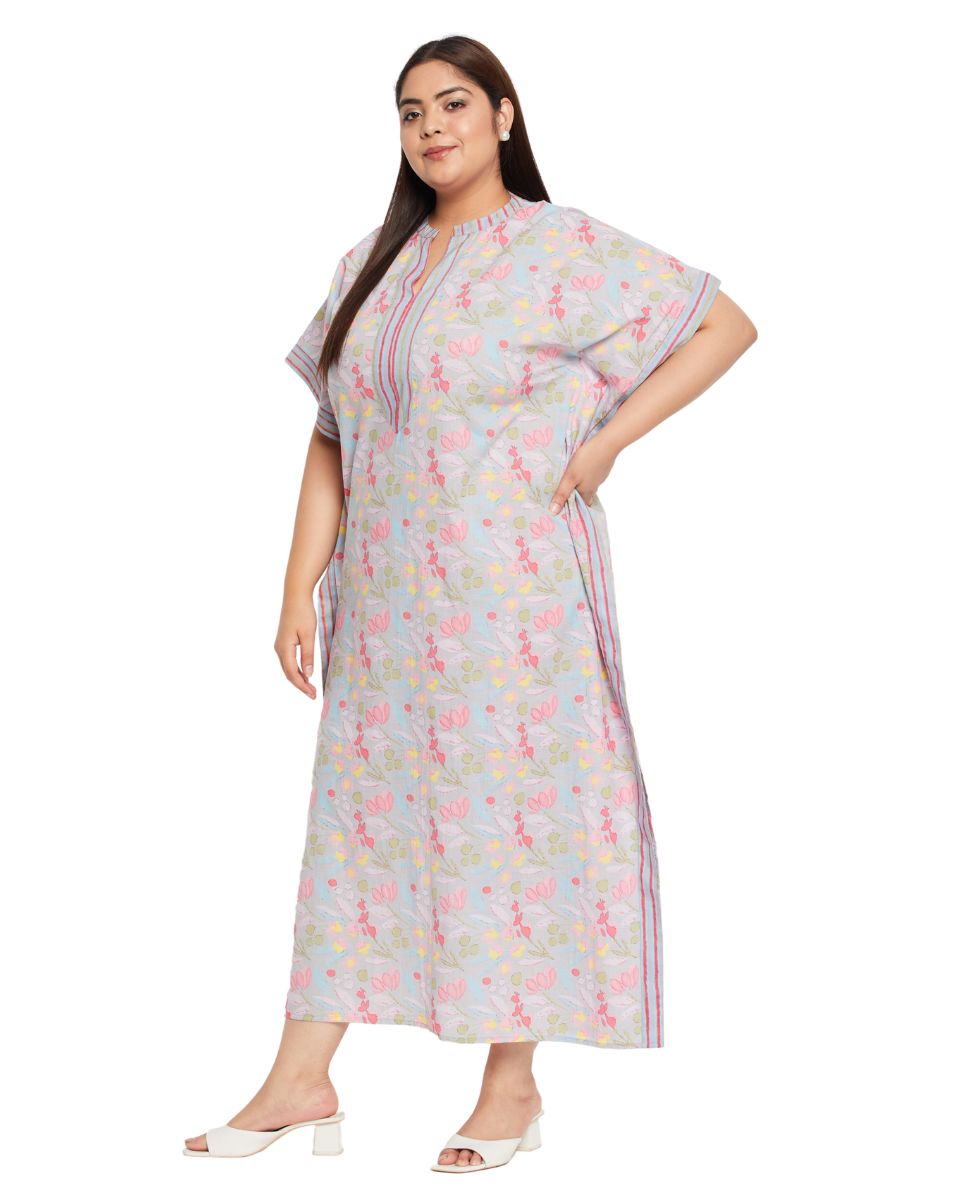 Floral And Leaf Printed Gray Cotton Border Plus Size Kaftan For Women