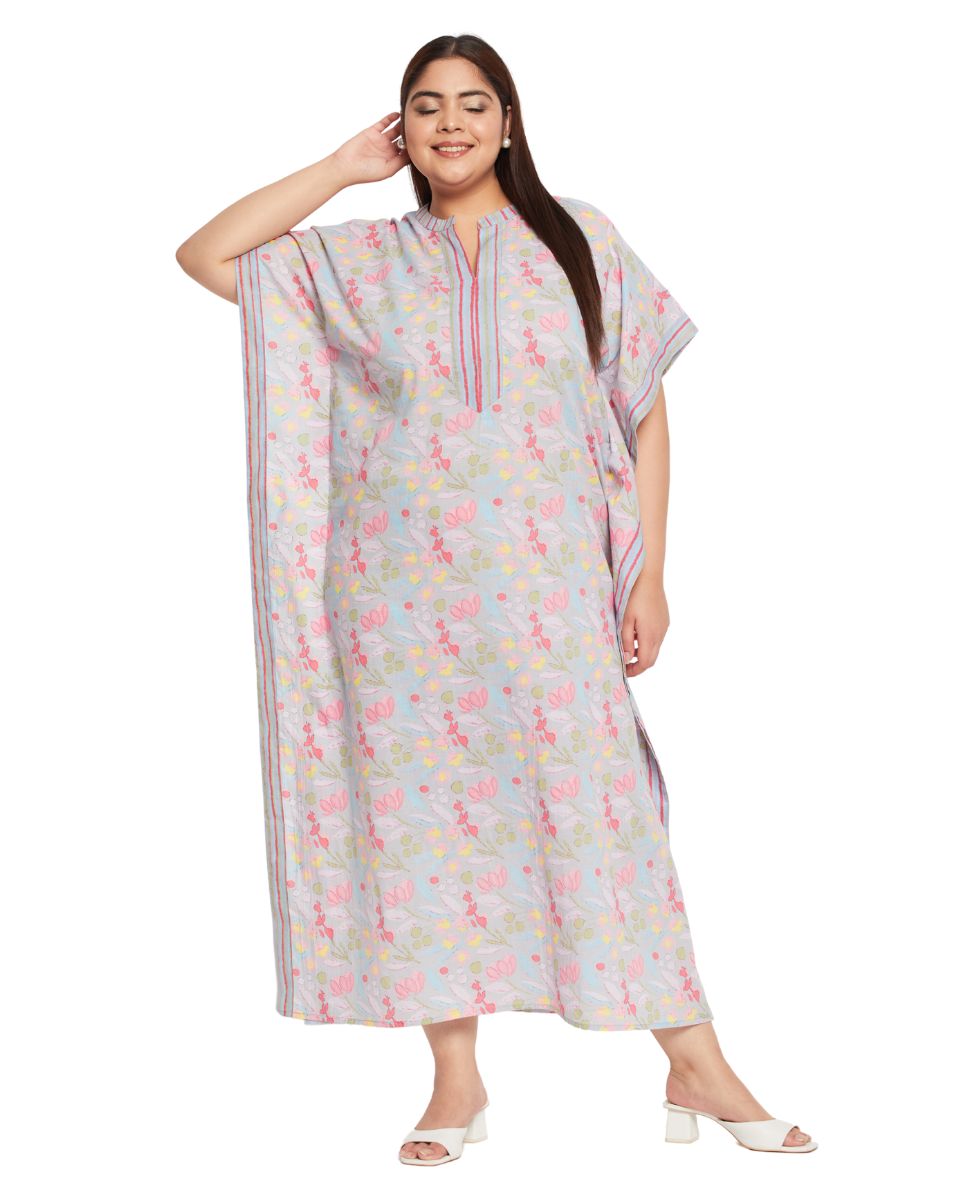 Floral And Leaf Printed Gray Cotton Border Plus Size Kaftan For Women