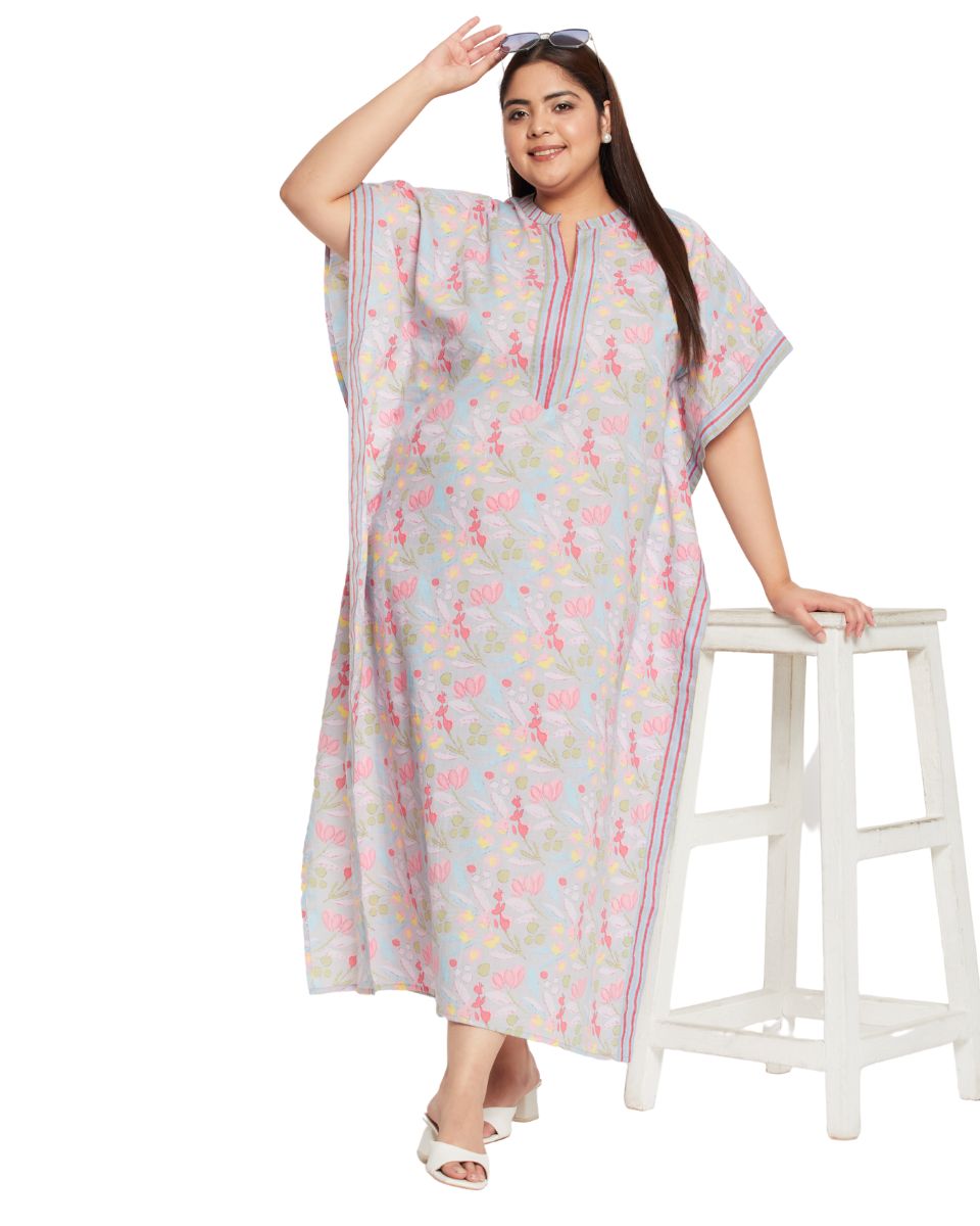 Floral And Leaf Printed Gray Cotton Border Plus Size Kaftan For Women