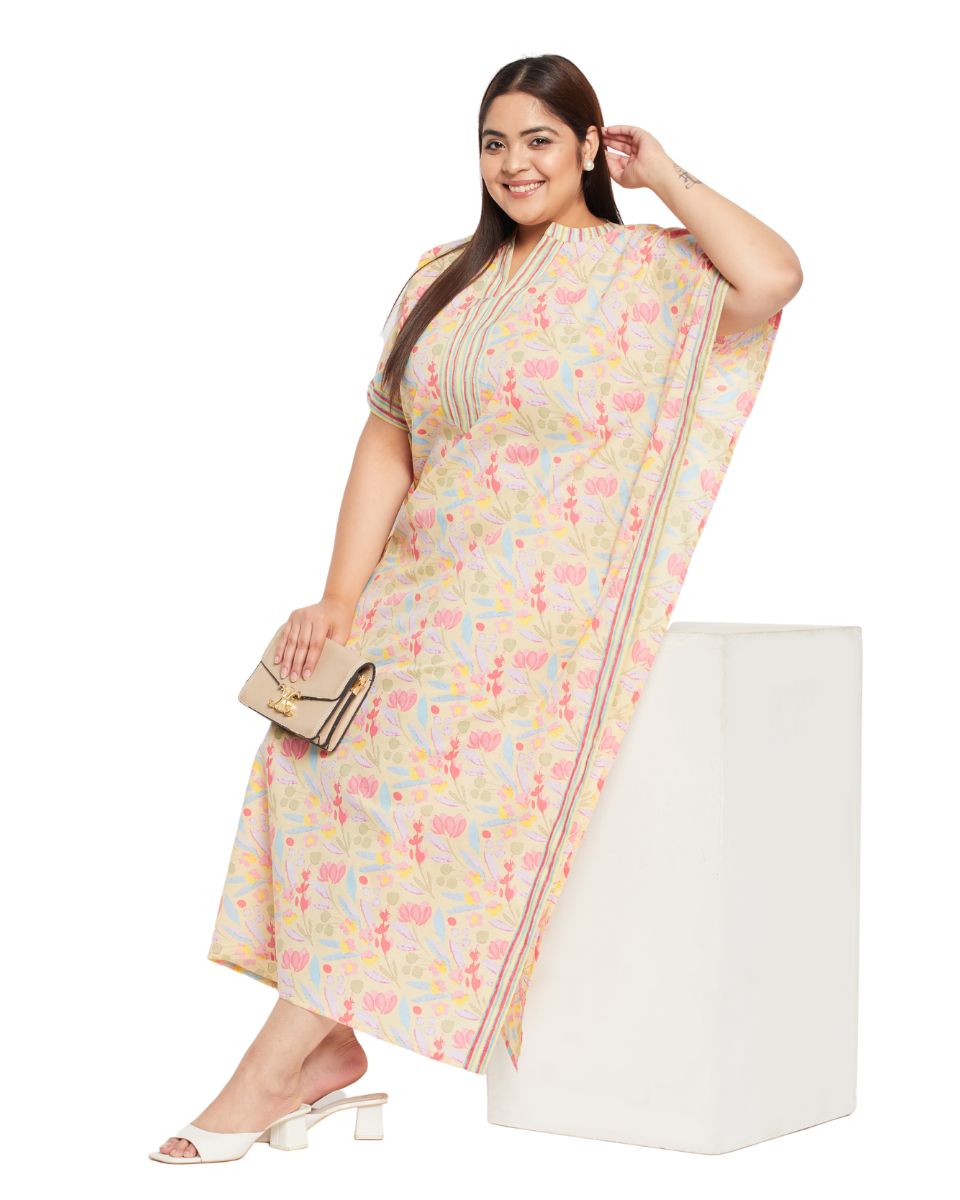 Floral Printed YELLOW Cotton Border Plus Size Kaftan Dress For Women