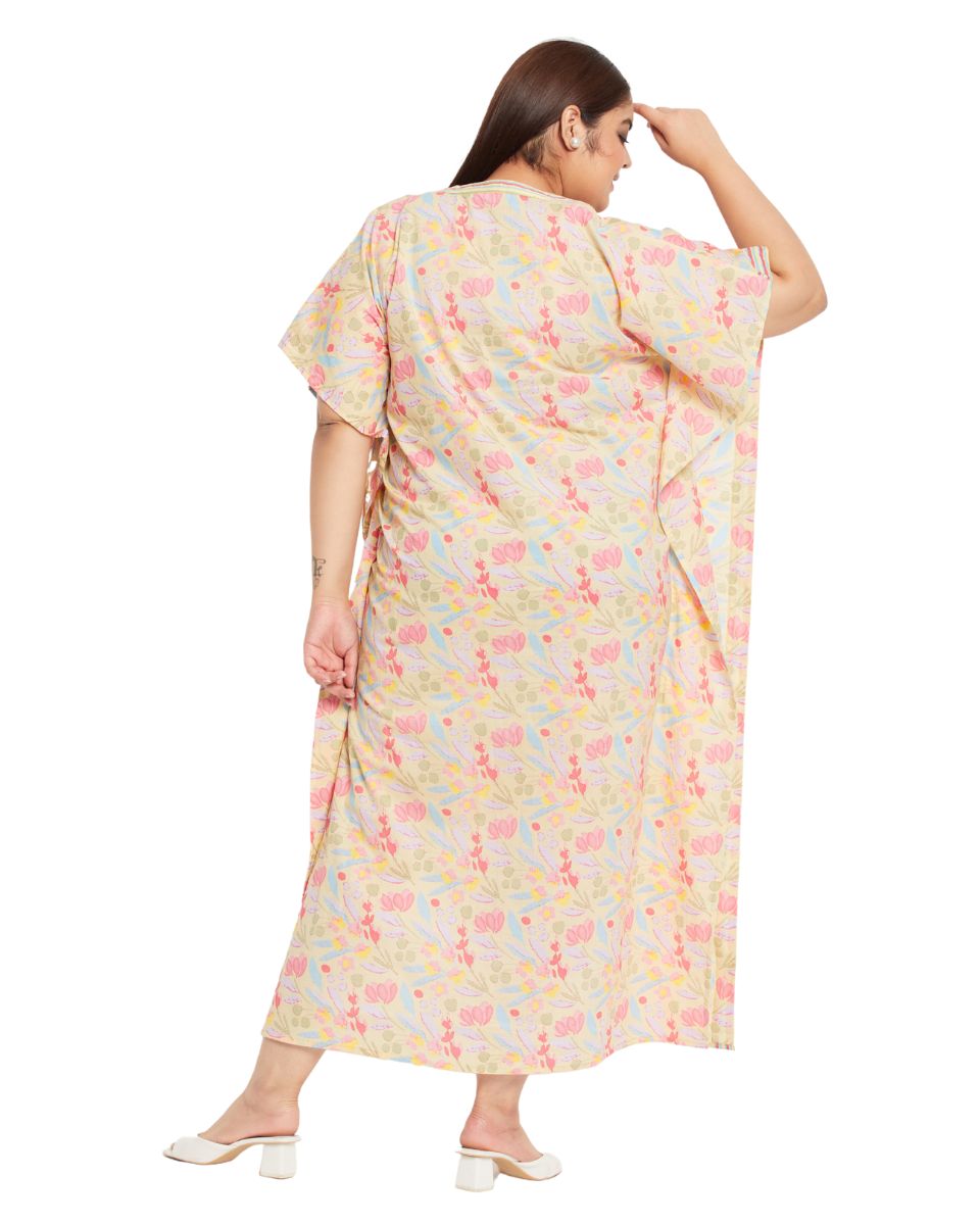 Floral Printed YELLOW Cotton Border Plus Size Kaftan Dress For Women