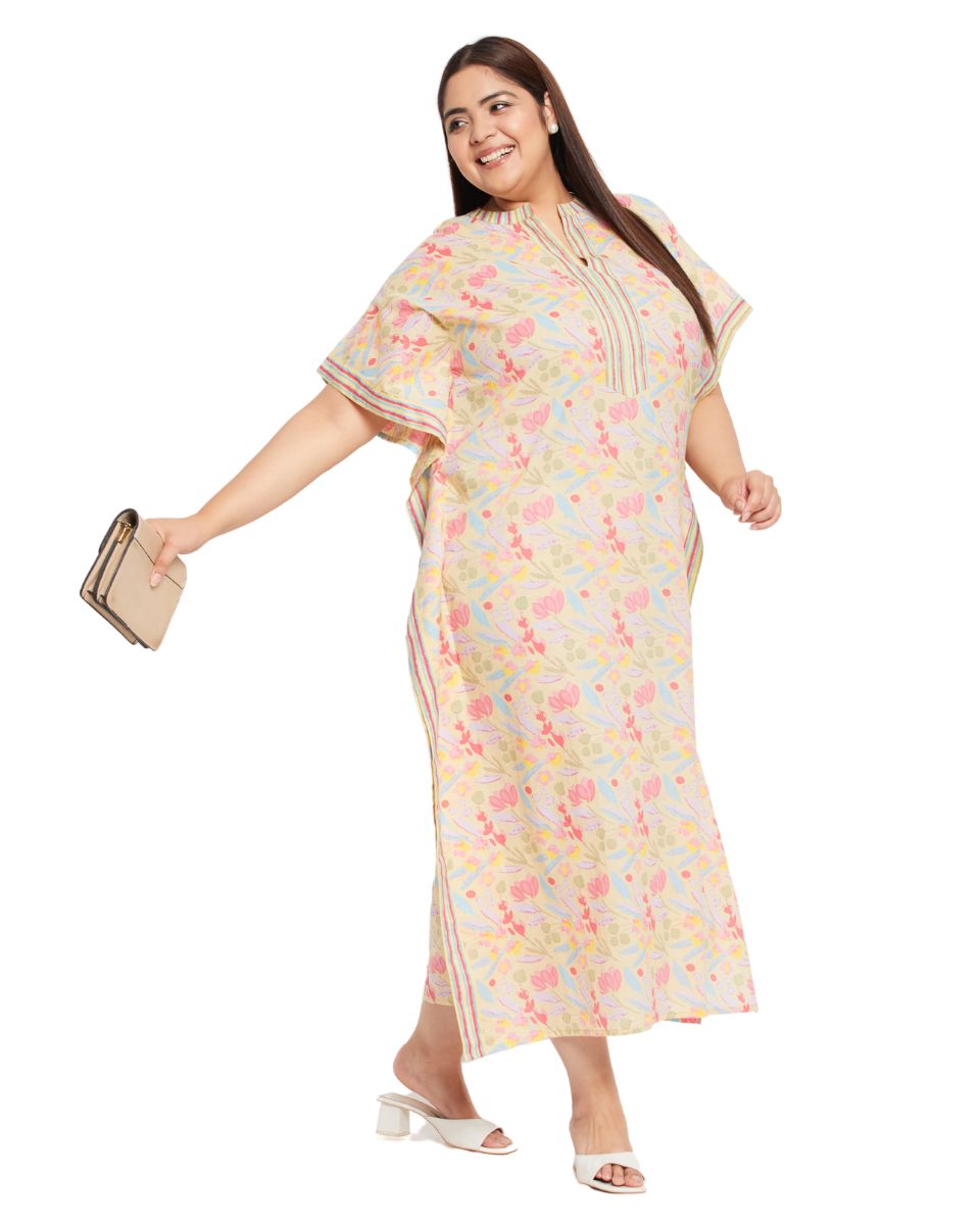 Floral Printed YELLOW Cotton Border Plus Size Kaftan Dress For Women