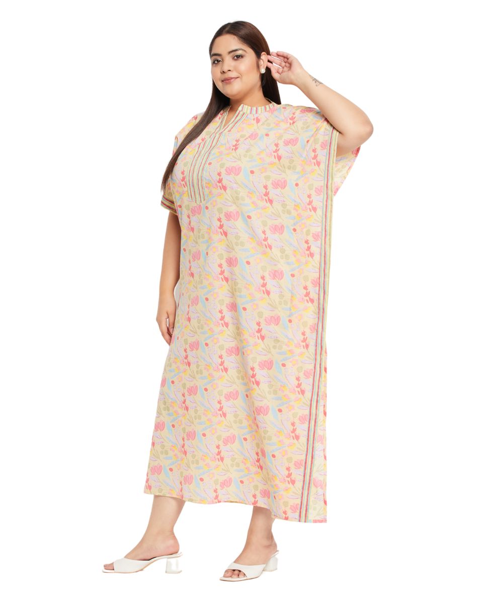 Floral Printed YELLOW Cotton Border Plus Size Kaftan Dress For Women