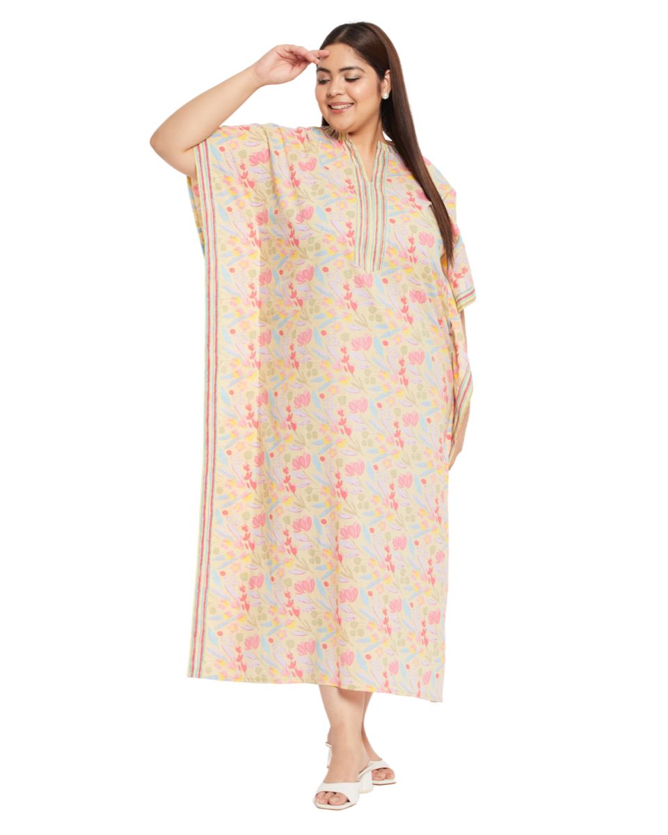 Floral Printed YELLOW Cotton Border Kaftan Dress for Women