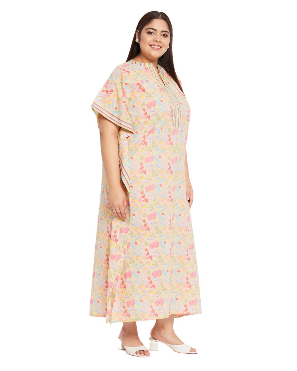 Floral Printed YELLOW Cotton Border Plus Size Kaftan Dress For Women