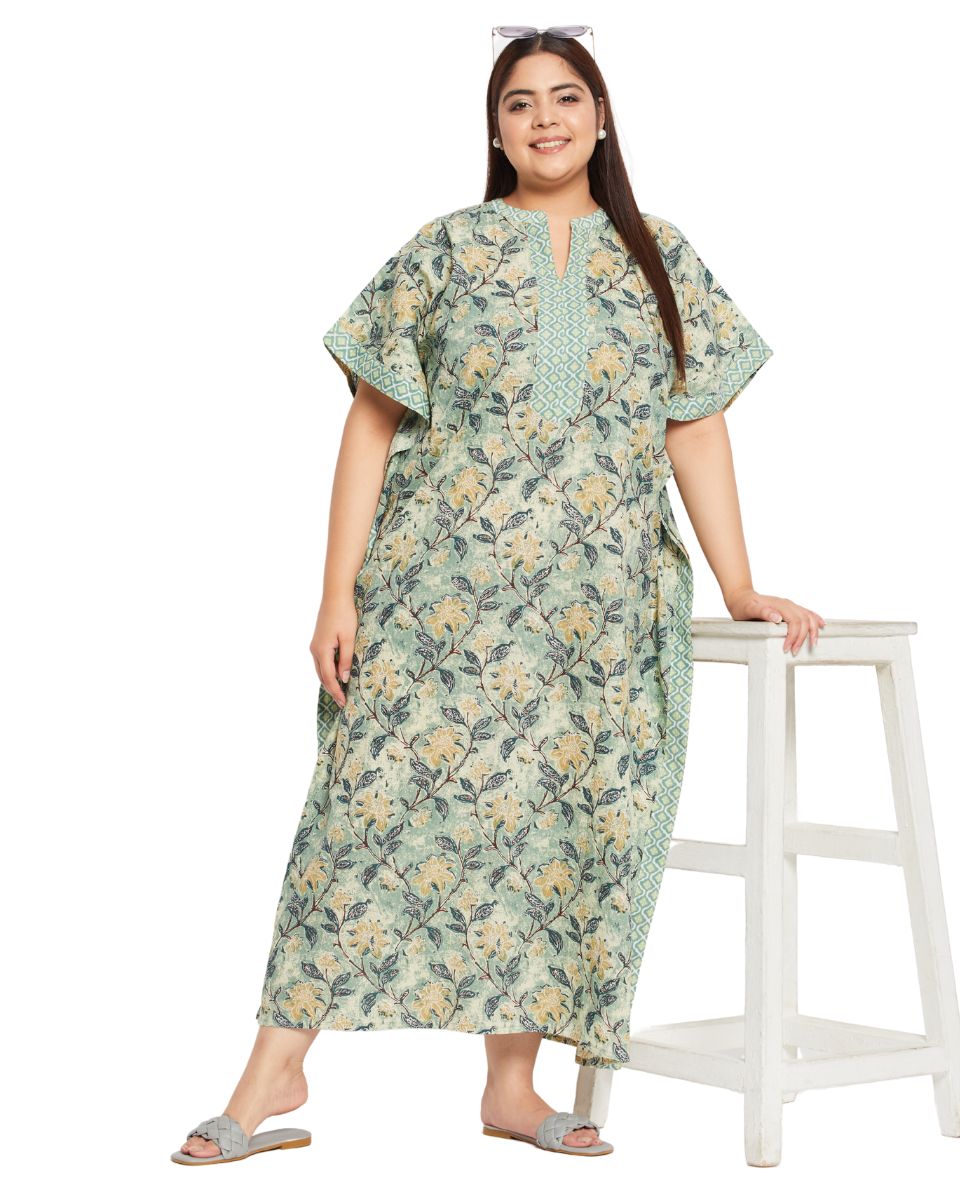 Floral Printed MOSS GREEN Cotton Border Kaftan Dress for Women