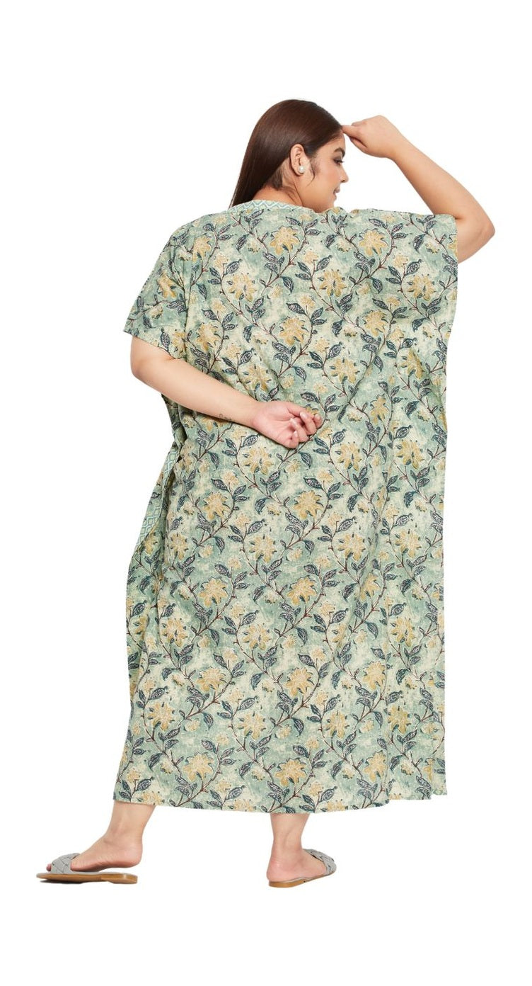 Sage green floral print cotton plus size kaftan dress with 3/4 kimono sleeves — alternate view