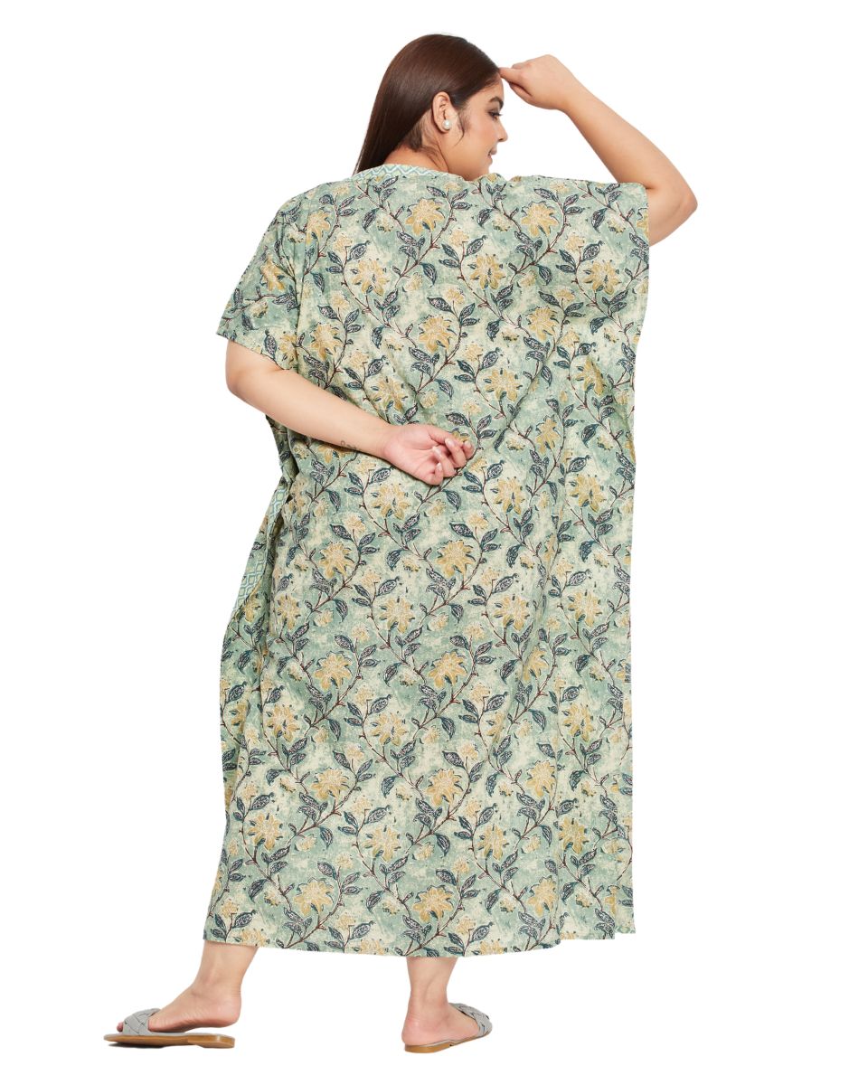 Floral Printed MOSS GREEN Cotton Border Kaftan Dress for Women