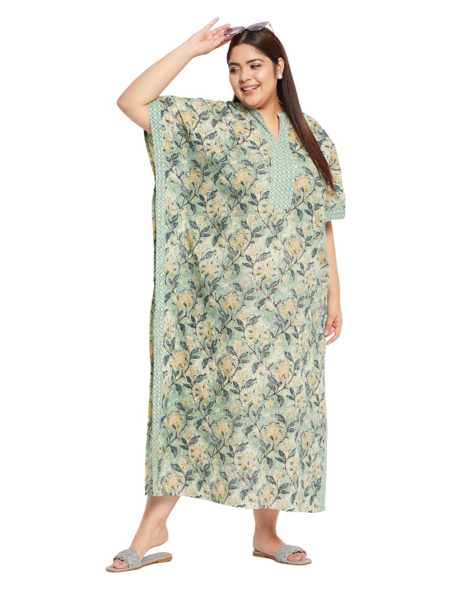 Floral Printed MOSS GREEN Cotton Border Kaftan Dress for Women