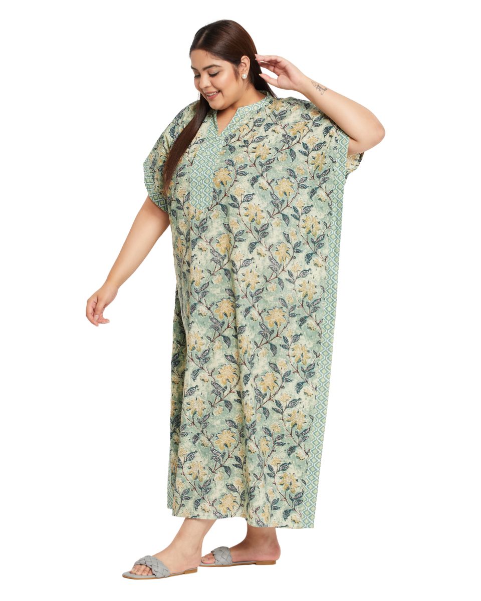 Floral Printed MOSS GREEN Cotton Border Kaftan Dress for Women