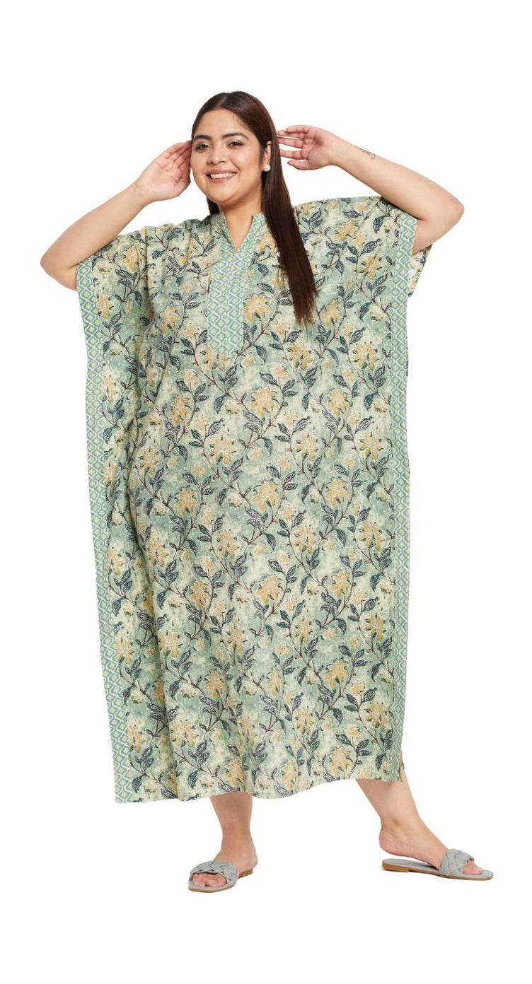 Sage green floral print cotton plus size kaftan dress with 3/4 kimono sleeves