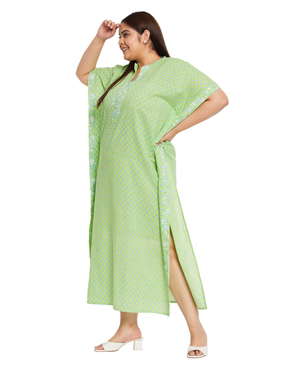 Floral Print Neon Green Cotton Border Kaftan Dress For Plus Size Women