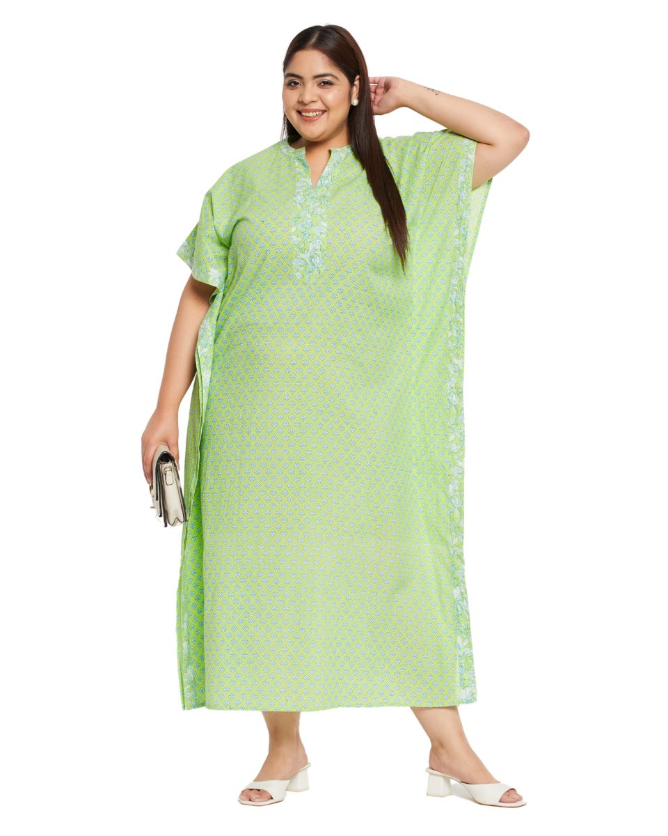 Floral Print Neon Green Cotton Border Kaftan Dress For Plus Size Women