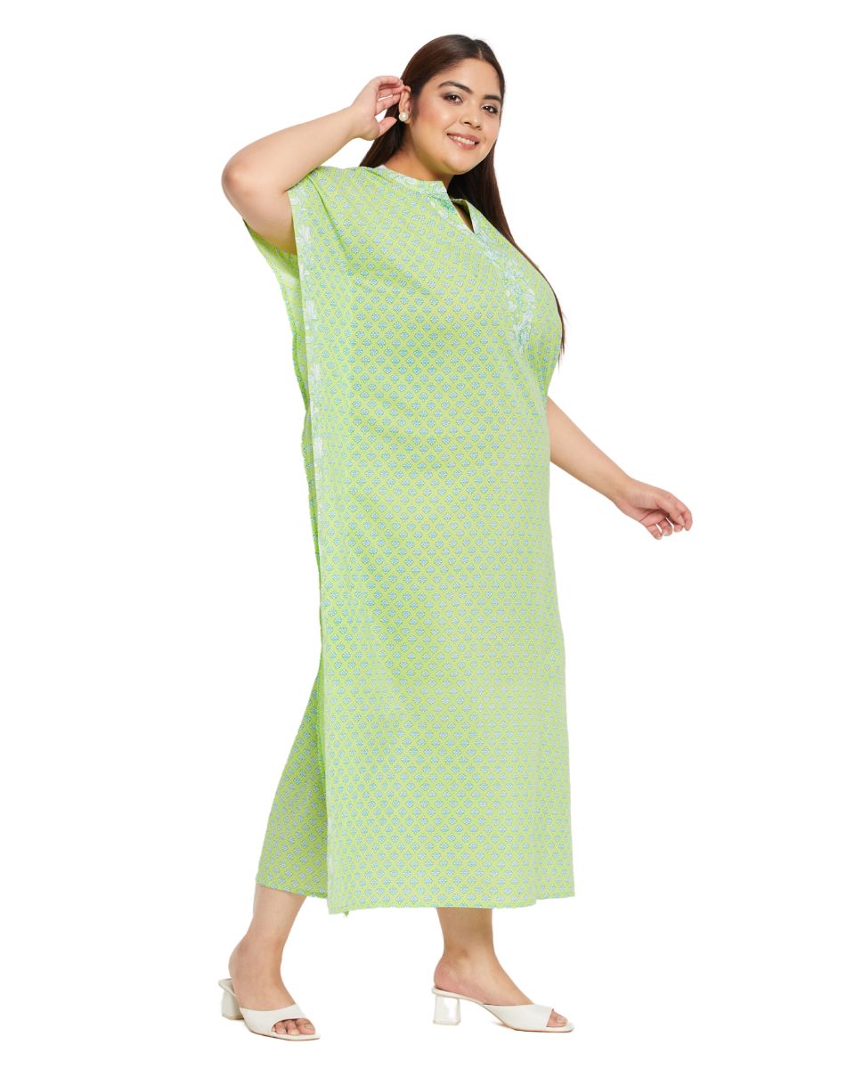 Floral Print Neon Green Cotton Border Kaftan Dress For Plus Size Women