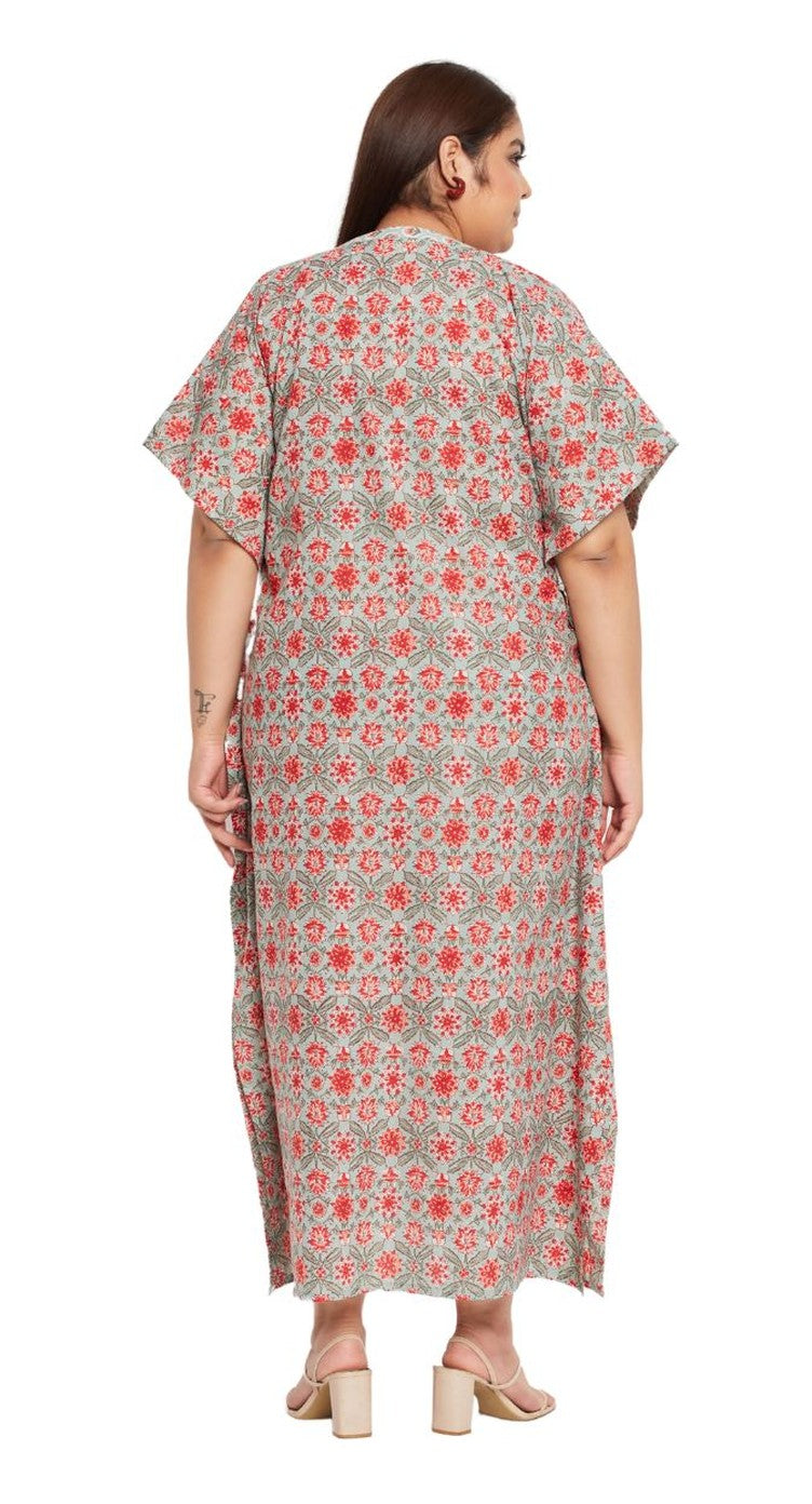 Grey and rust block-print floral cotton plus size kaftan dress with V-neck placket and flutter sleeves — alternate view