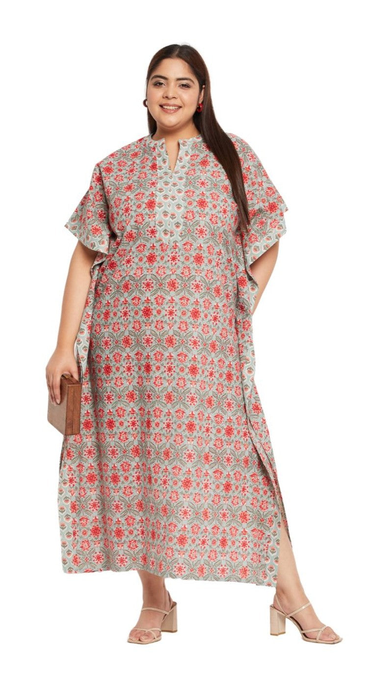 Floral Printed Rust Cotton Border Kaftan For Plus Size Women - SKU KFT-1133-RUST - Gypsie Blu