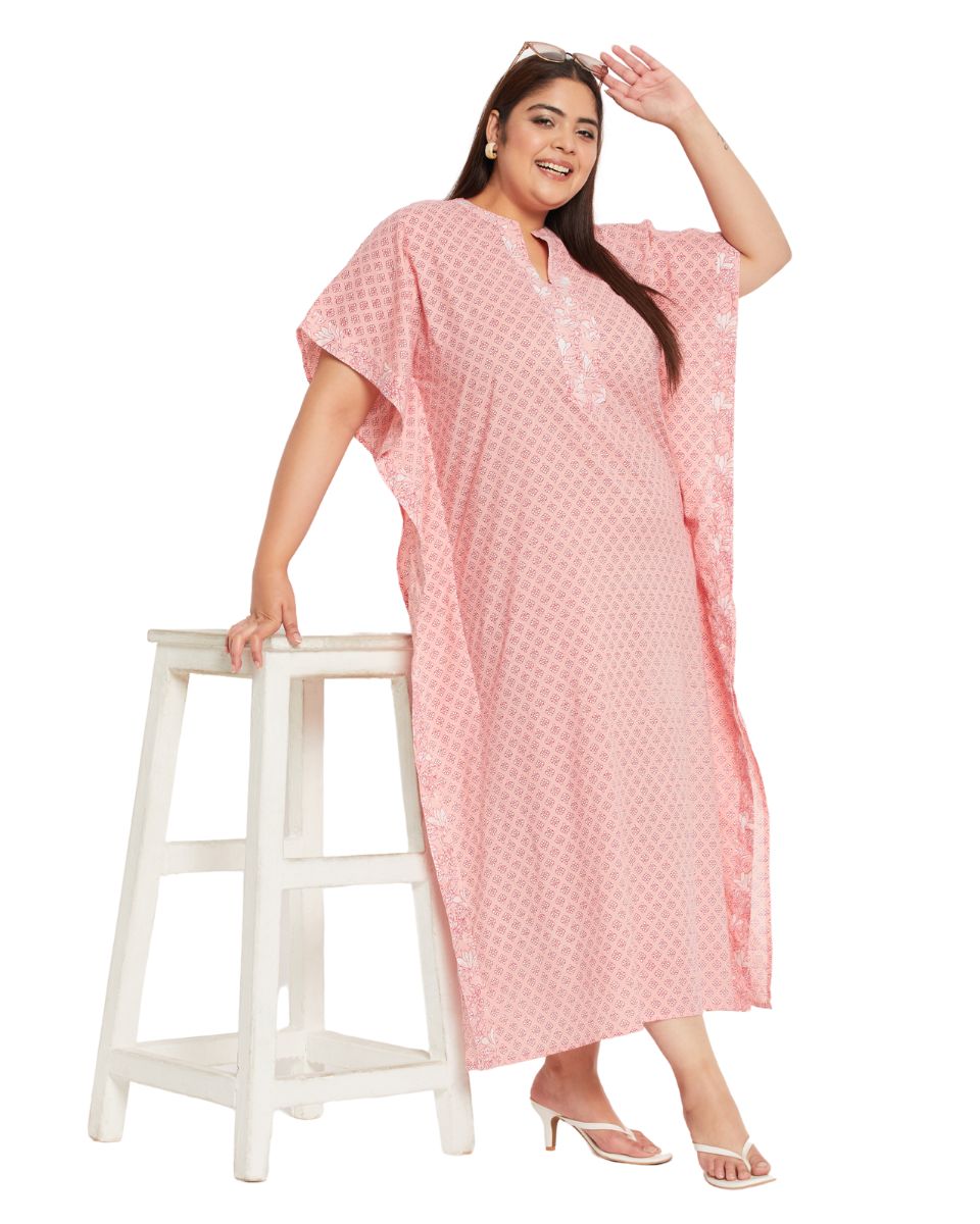 Floral Printed Pink Plus Size Cotton Border Kaftan Dress For Women