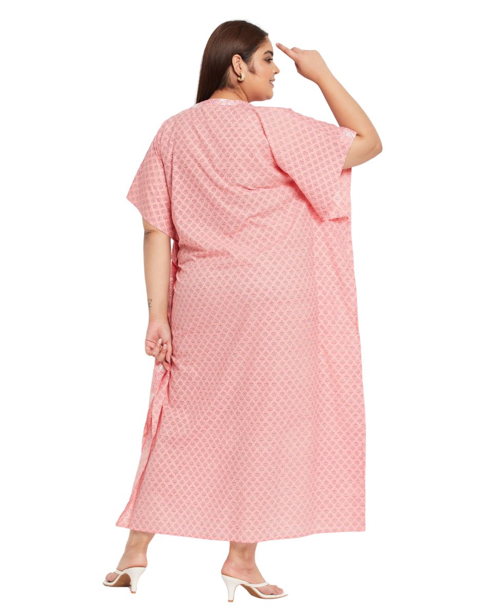 Floral Printed Pink Plus Size Cotton Border Kaftan Dress For Women