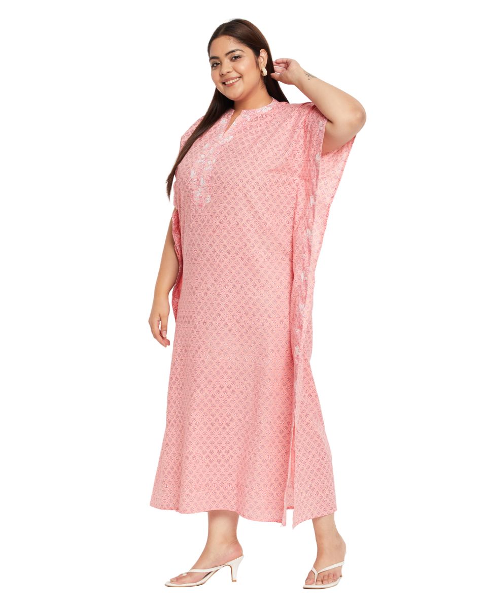 Floral Printed Pink Plus Size Cotton Border Kaftan Dress For Women