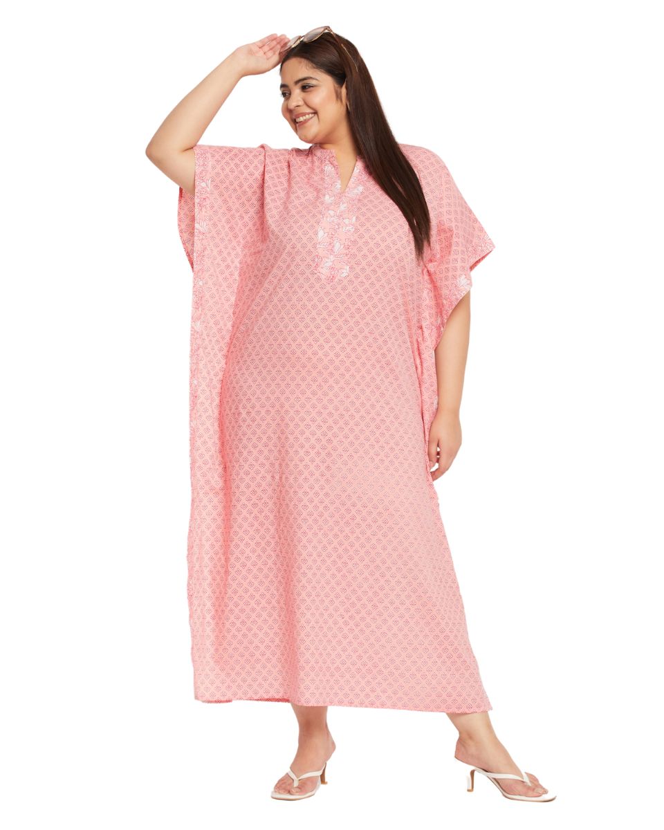 Floral Printed Pink Plus Size Cotton Border Kaftan Dress For Women