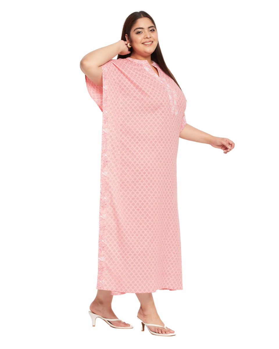 Floral Printed Pink Plus Size Cotton Border Kaftan Dress For Women