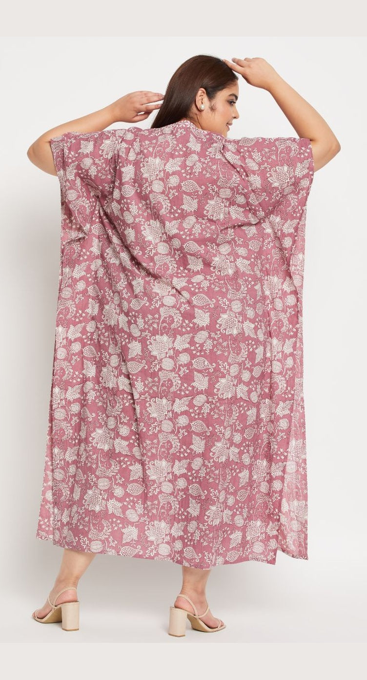 Floral Printed Rust Cotton Elegant Beachwear Women Kaftan - SKU KFT-1131-RUST - Gypsie Blu
